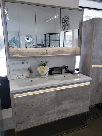48" Stone Wallhung Vanity Double Sink with Ceramic Top,Linen Tower and Medicine Cabinet