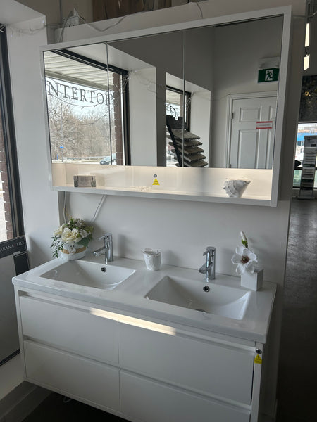 48" Wallhung Vanity, Ceramic Top and Medicine Cabinet with LED + faucets