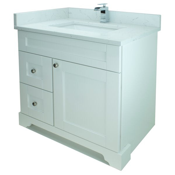36" White Damian Vanity with Carrera Quartz