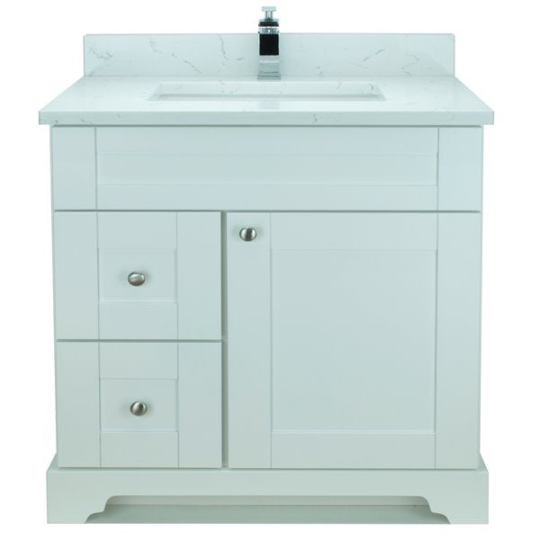 36" White Damian Vanity with Carrera Quartz