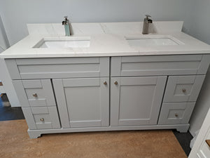 VANITY SOLID WOOD 60" DOBLE SINK IN GREY WITH QUARTZ COUNTERTOP, SINK AND 2 FAUCETS