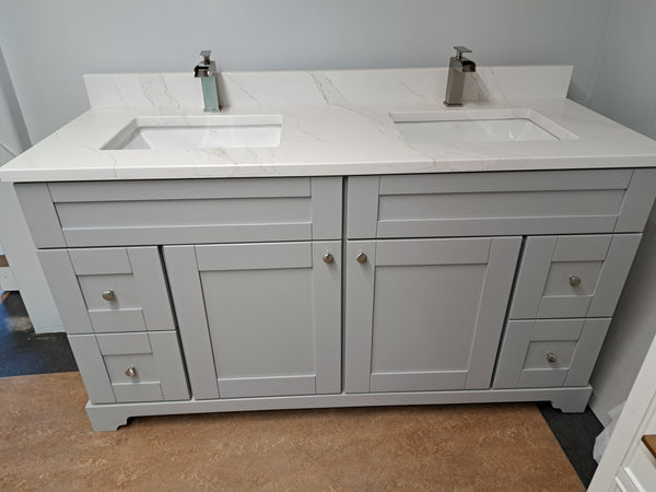 VANITY SOLID WOOD 60" DOBLE SINK IN GREY WITH QUARTZ COUNTERTOP, SINK AND 2 FAUCETS