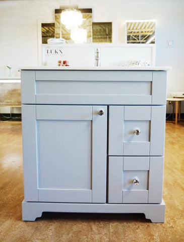 30" VANITY SOLID WOOD IN GREY WITH CARRERA QUARTZ TOP AND SINK