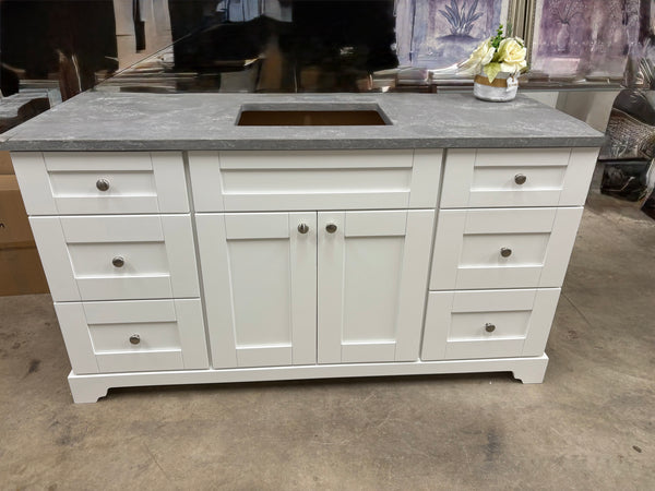 60" VANITY SOLID WOOD IN WHITE WITH CONCRETE LEATHER QUARTZ AND SINK INCLUDED $1000