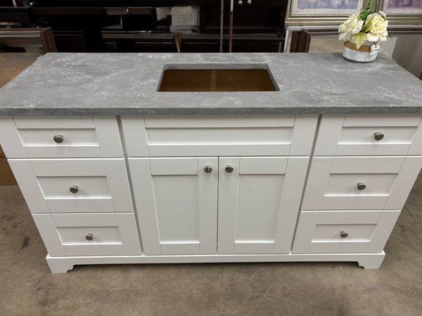 60" VANITY SOLID WOOD IN WHITE WITH CONCRETE LEATHER QUARTZ AND SINK INCLUDED $1000