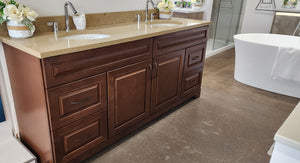 73" Royalwood + Royal Brown Top Double Sink Vanity with Quartz Top, Sinks, Faucets