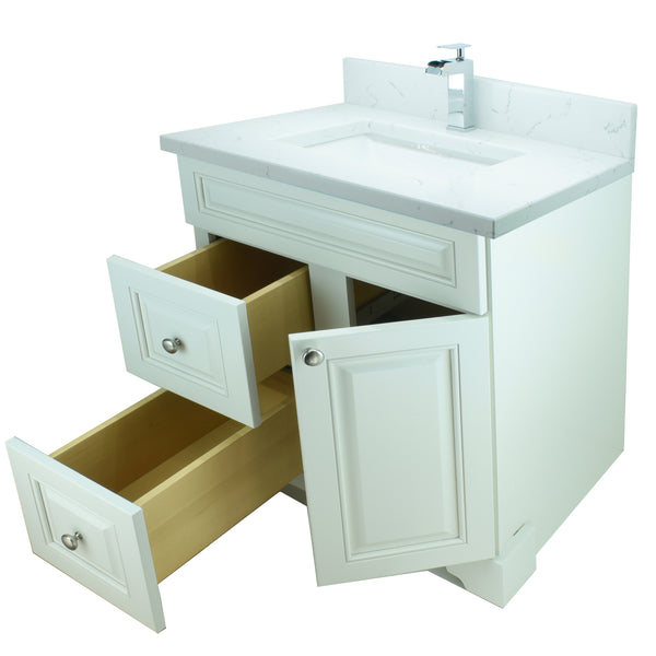 30" Antique White Damian Vanity with Carrera Quartz